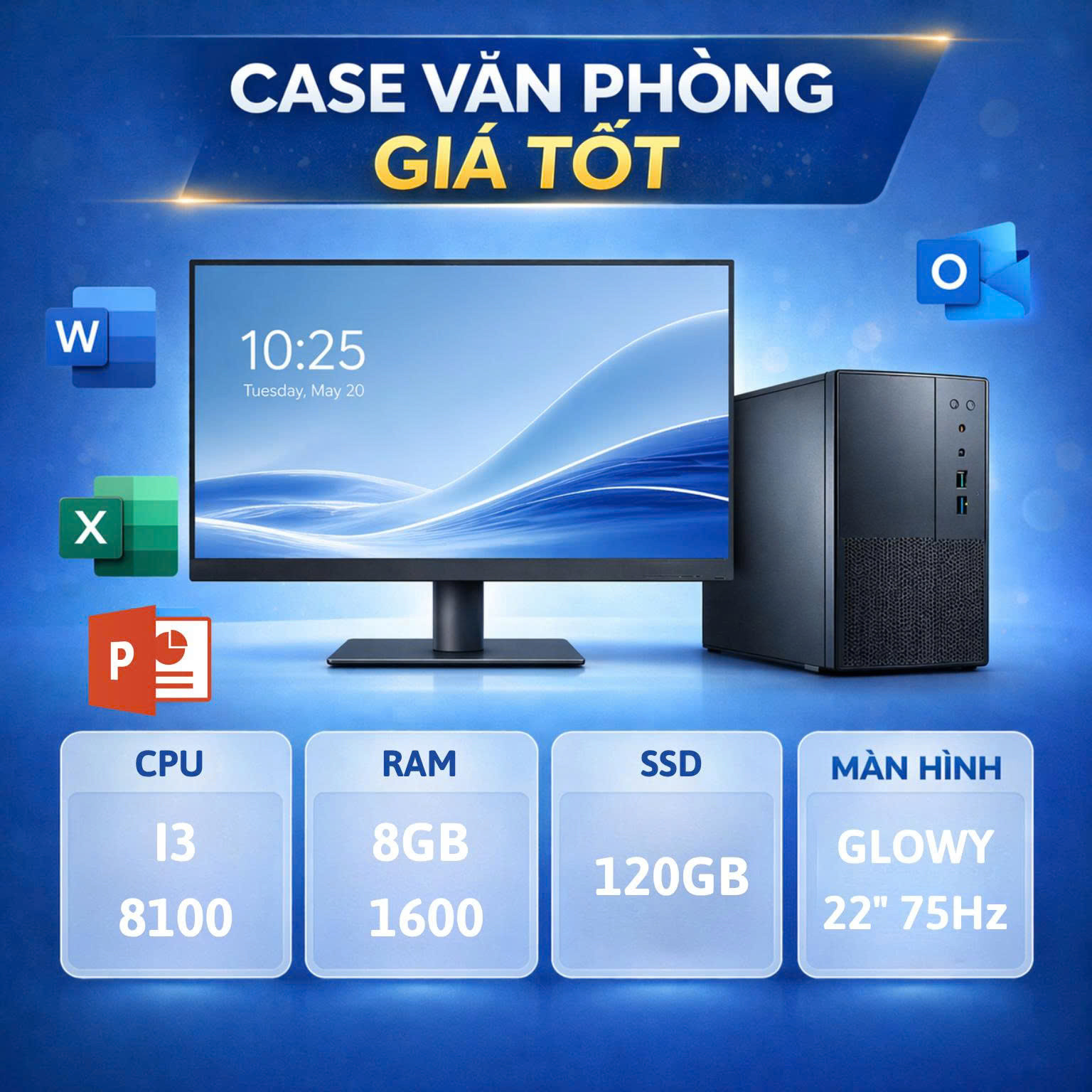 CASE MÁY TÍNH VĂN PHÒNG I3 | RAM 8GB | SSD 120GB | MÀN HÌNH 22 Inch