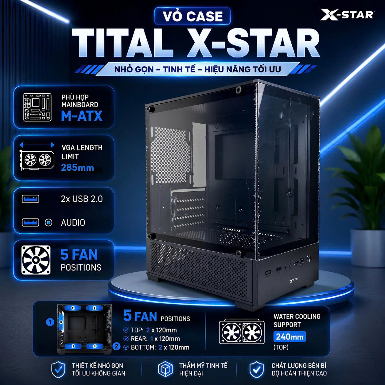 Vỏ Case Máy Tính Tital XSTAR Full Size - Black - 2 Mặt Kính Cường Lực