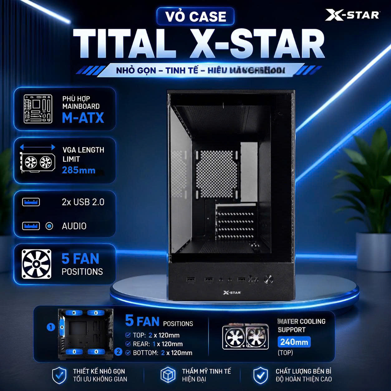 Vỏ Case Máy Tính Tital XSTAR Full Size - Black - 2 Mặt Kính Cường Lực