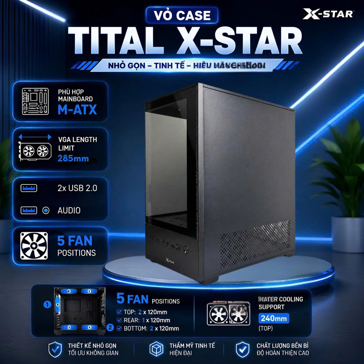 Vỏ Case Máy Tính Tital XSTAR Full Size - Black - 2 Mặt Kính Cường Lực