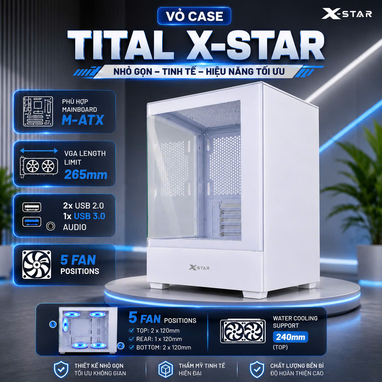 Vỏ Case Máy Tính Tital XSTAR Full Size - White - 2 Mặt Kính Cường Lực