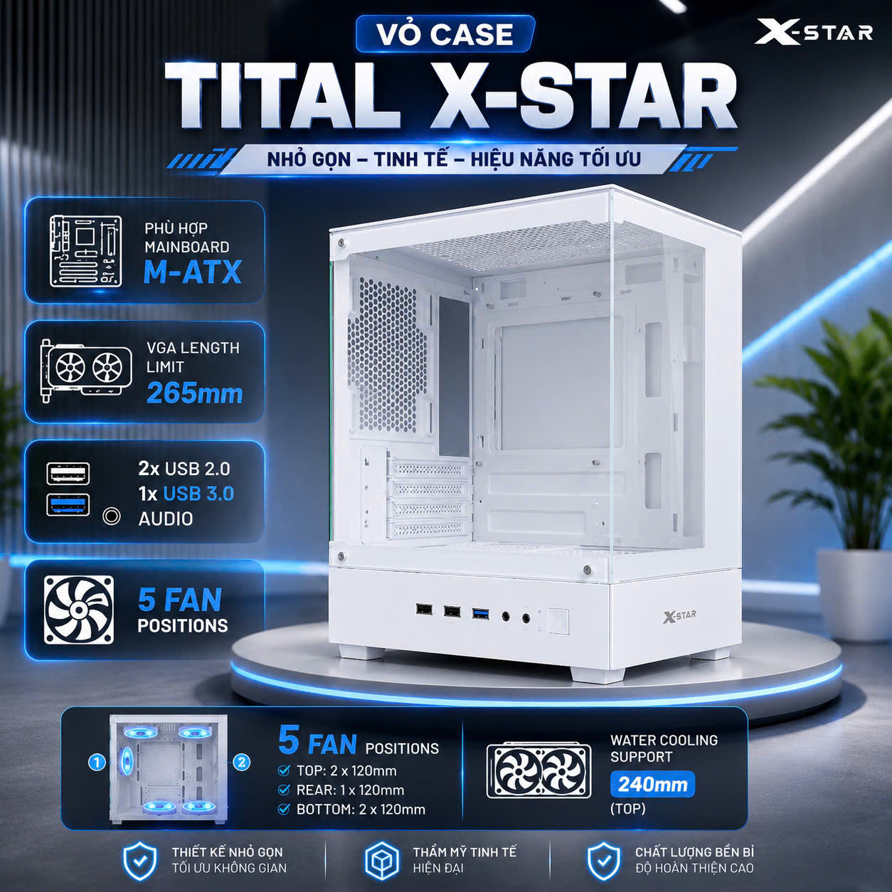 Vỏ Case Máy Tính Tital XSTAR Full Size - White - 2 Mặt Kính Cường Lực