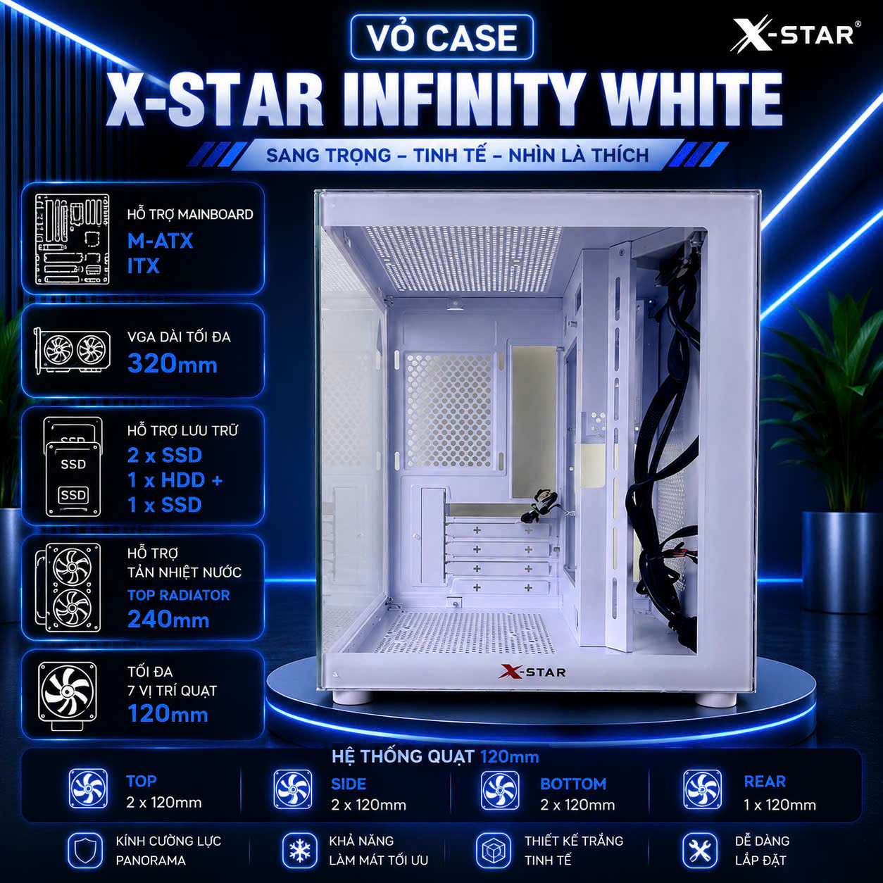 Vỏ case bể cá Xstar INFINITY (mATX/Mid Tower/White) chưa bao gồm fan