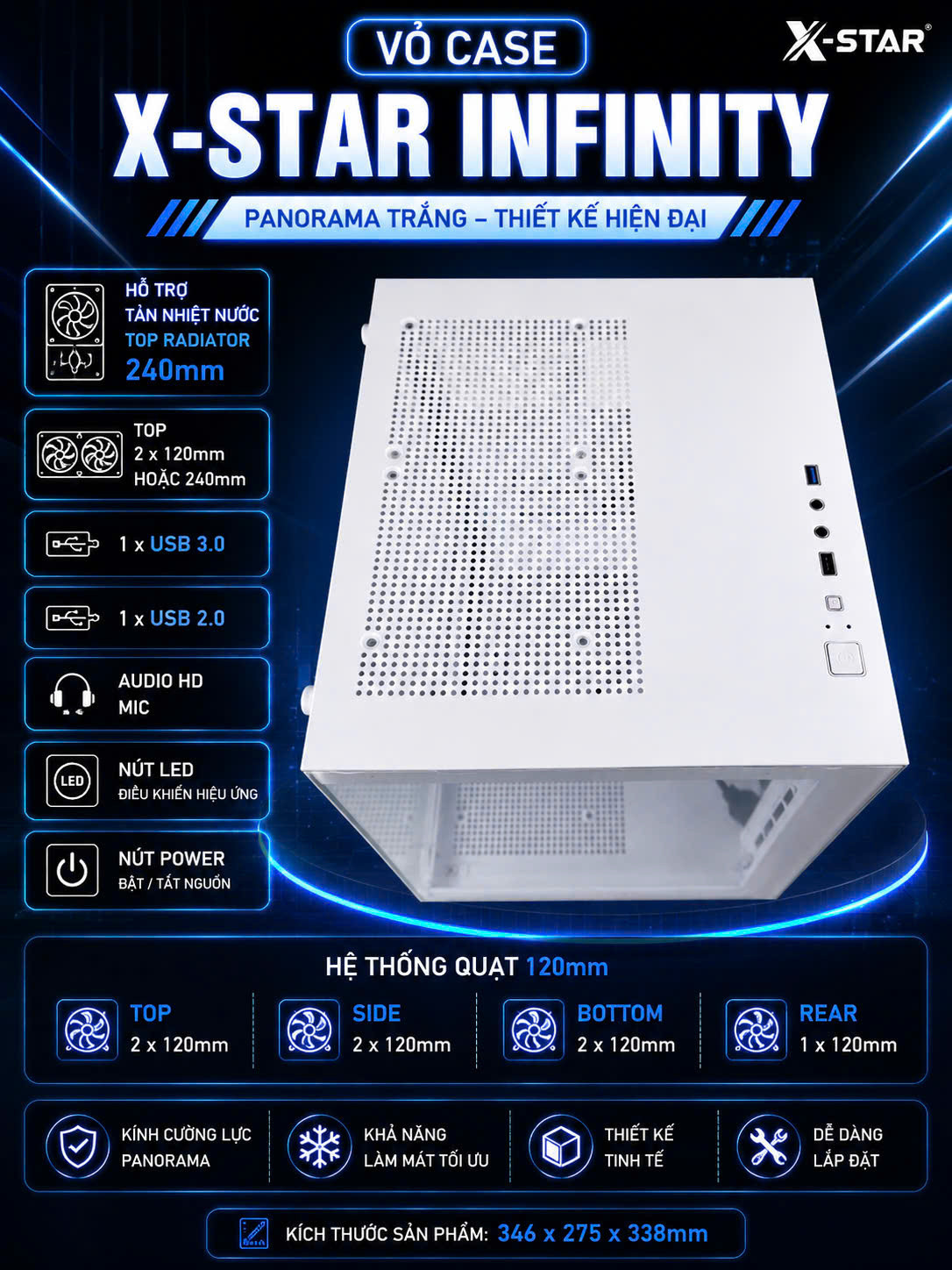Vỏ case bể cá Xstar INFINITY (mATX/Mid Tower/White) chưa bao gồm fan