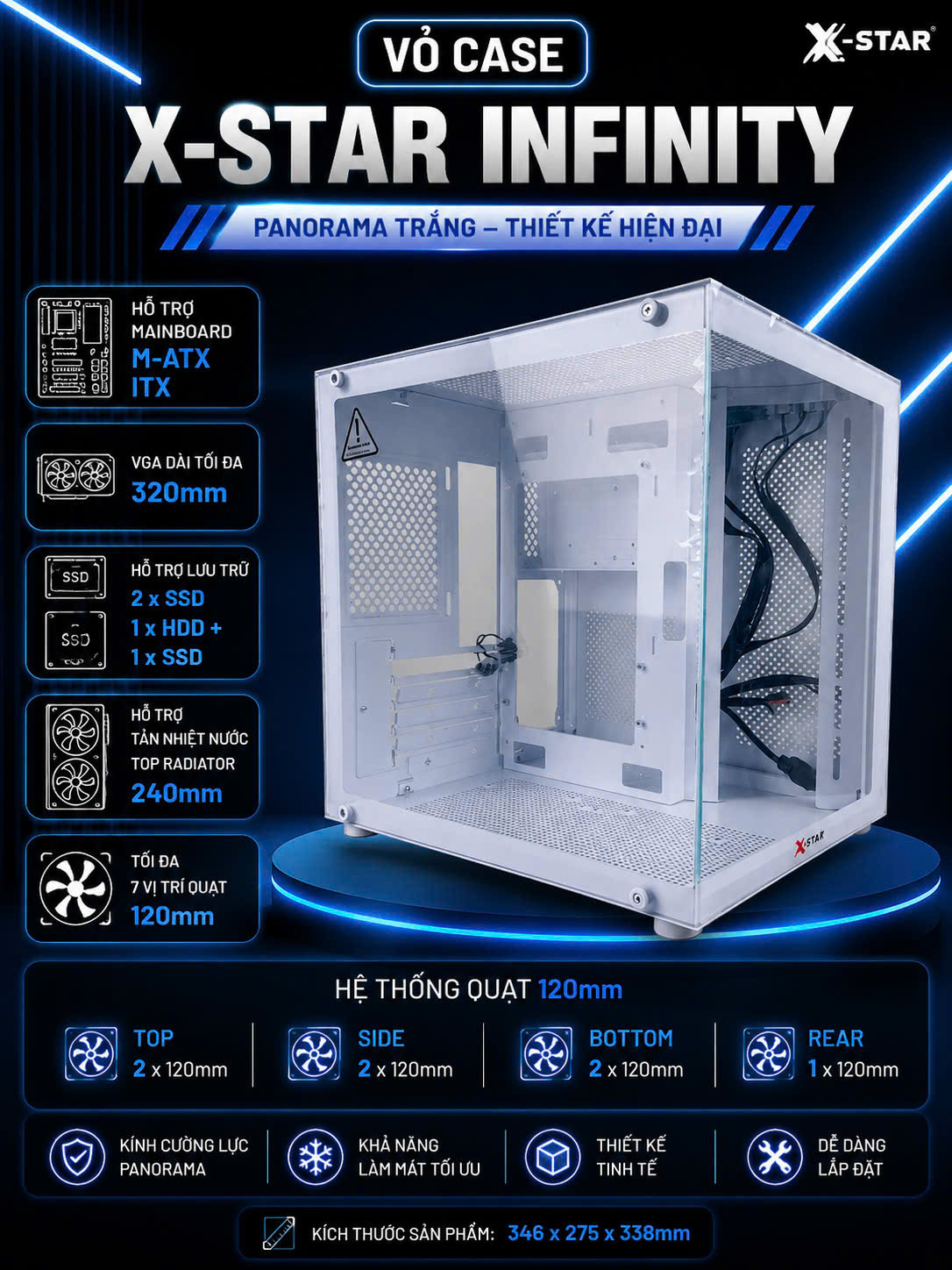 Vỏ case bể cá Xstar INFINITY (mATX/Mid Tower/White) chưa bao gồm fan