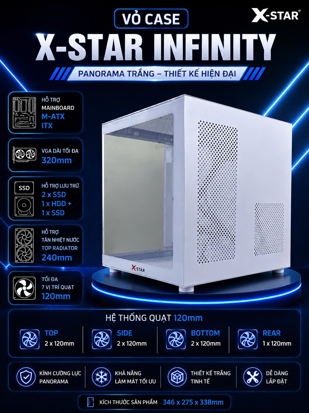 Vỏ case bể cá Xstar INFINITY (mATX/Mid Tower/White) chưa bao gồm fan