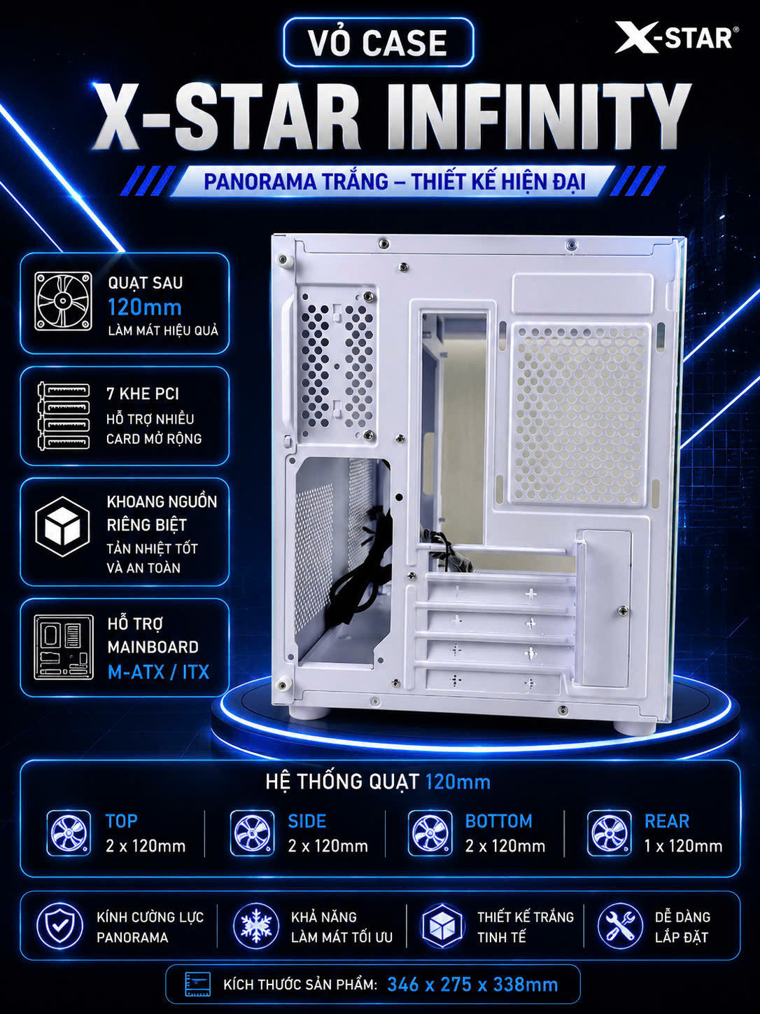 Vỏ case bể cá Xstar INFINITY (mATX/Mid Tower/White) chưa bao gồm fan