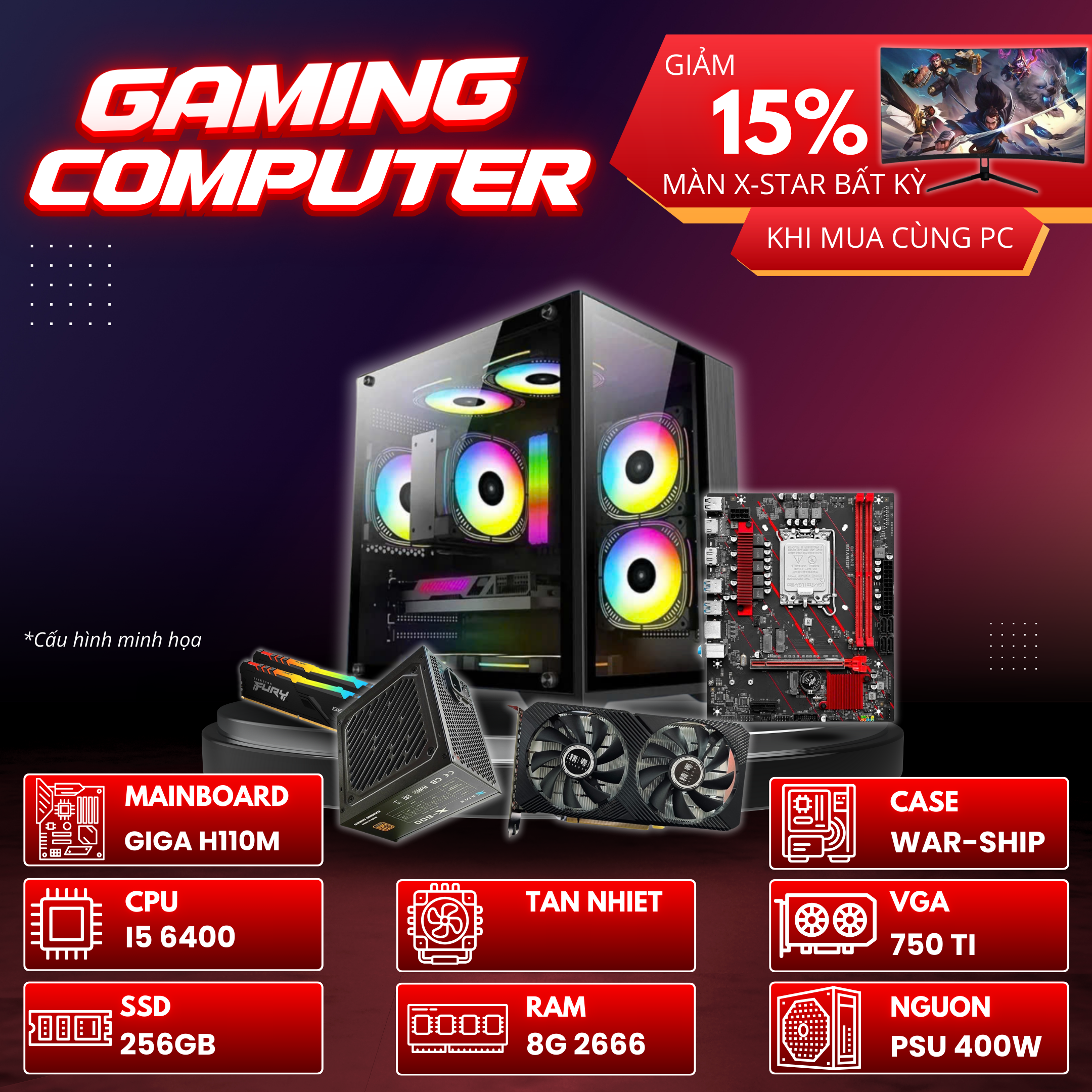 PC GAMING 01 (H110 / I5 6400 / 8GB RAM / 750TI / 256GB SSD / 400W)