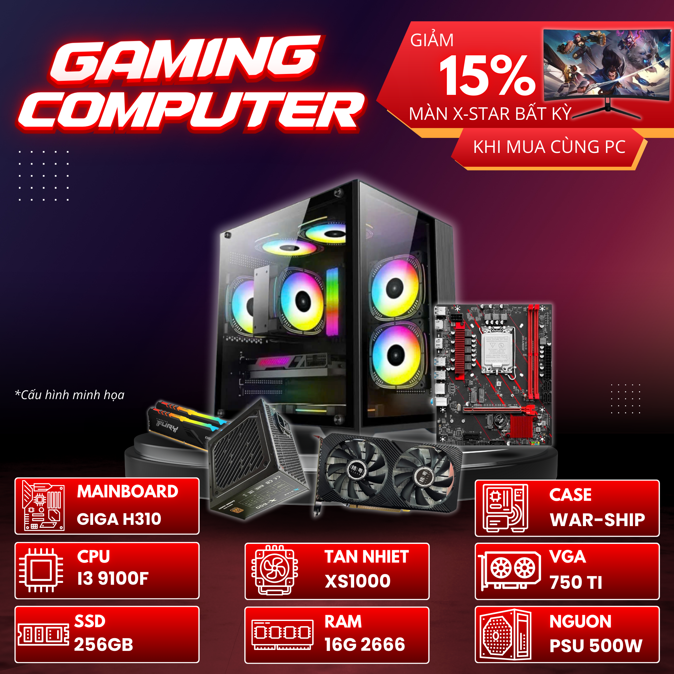 PC GAMING 02 (H310 / I3 9100F / 16GB RAM / 750TI / 256GB SSD / 500W)