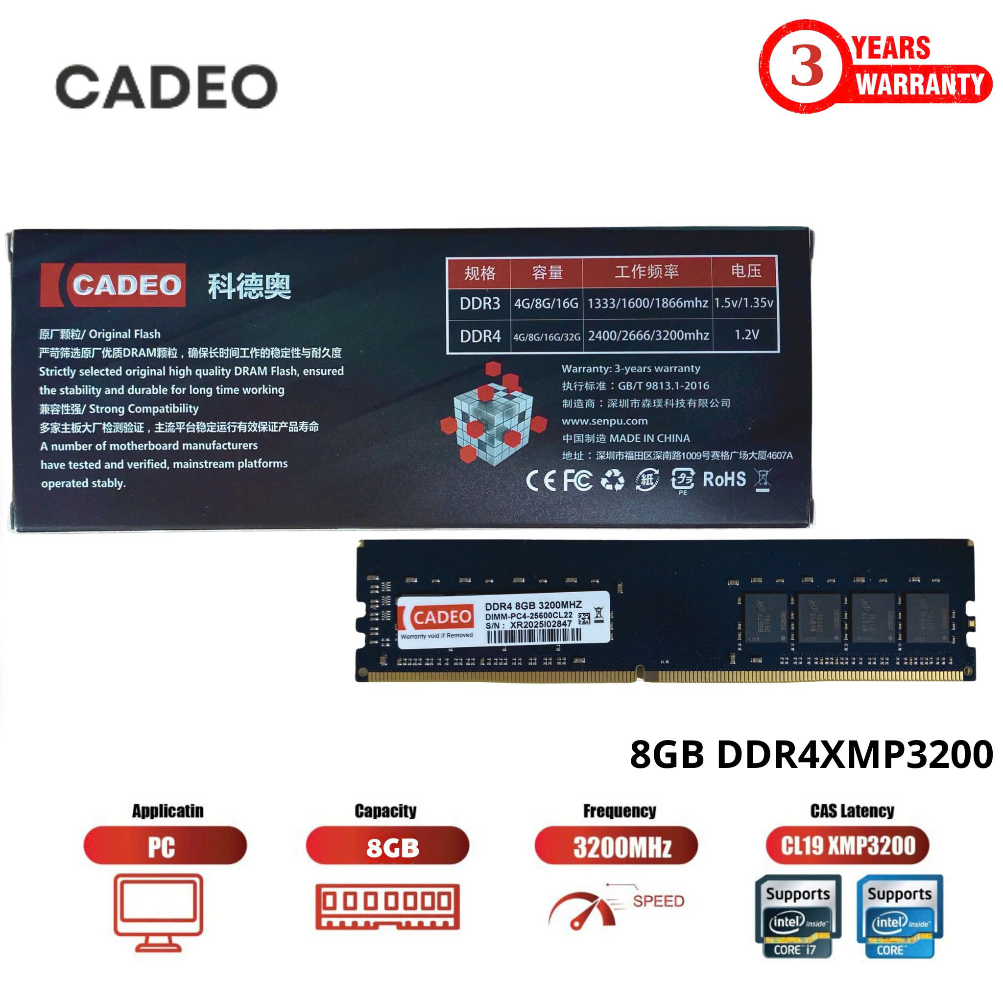 Ram PC CADEO DDR4 8GB  Bus 3200Mhz bảo hành chính hãng 36 tháng