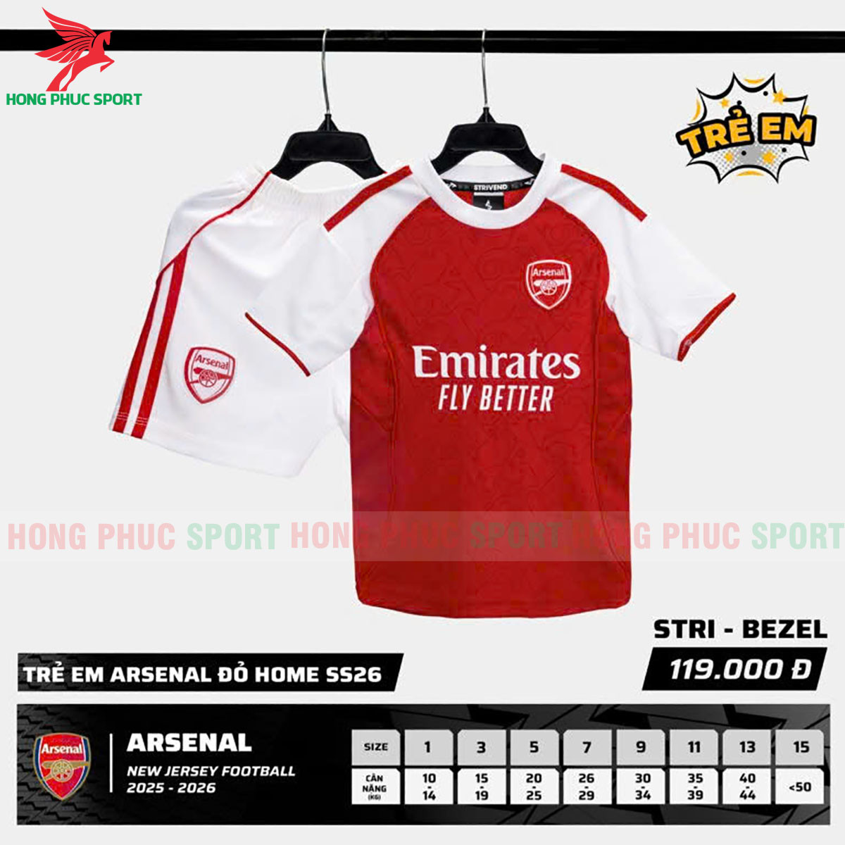 BỘ QUẦN ÁO BÓNG ĐÁ TRẺ EM STRIVEND ARSENAL 2025
