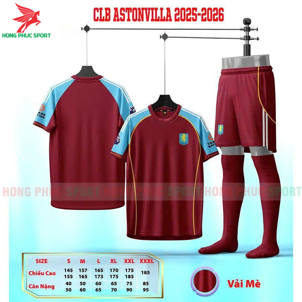 Bộ Quần Áo Bóng Đá Aston Villa 2025 2026 - Vải Thun Mè