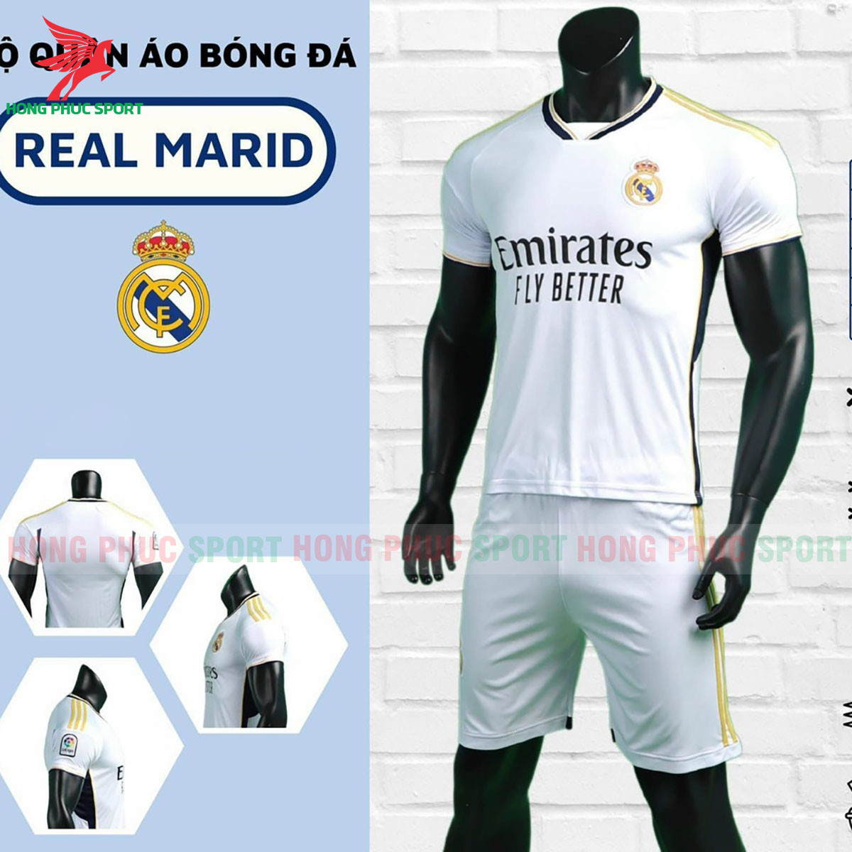 BỘ QUẦN ÁO BÓNG ĐÁ REAL MADRID 2023 TRẮNG VIỀN VÀNG – THUN LẠNH CAO CẤP