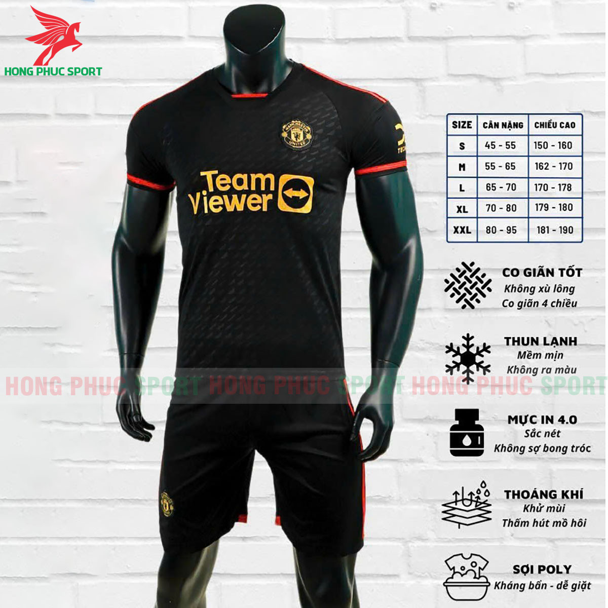 BỘ QUẦN ÁO BÓNG ĐÁ MANCHESTER UNITED 2023 2024 ĐEN - THUN LẠNH CAO CẤP