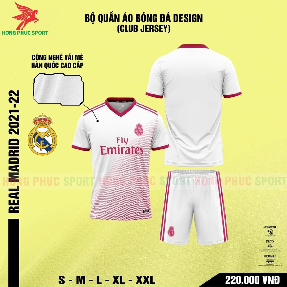 BỘ QUẦN ÁO BÓNG ĐÁ REAL MADRID 2021 2022 PHIÊN BẢN FAN – VẢI MÈ LỤC GIÁC