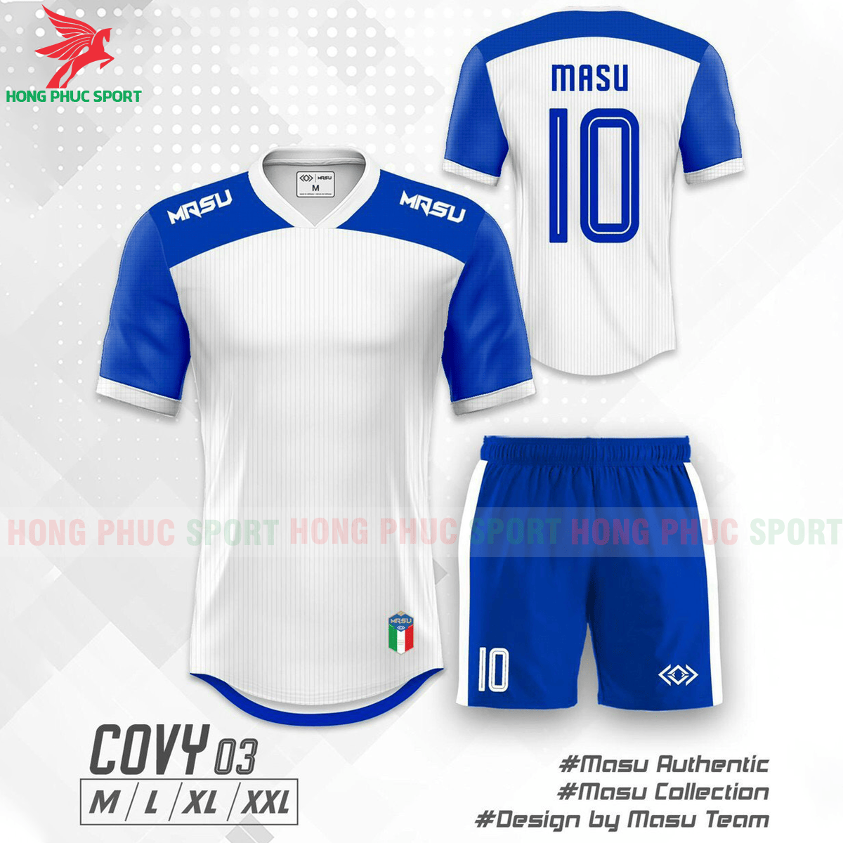 Áo đá banh không logo Masu Covy 2021 mẫu 02 màu trắng phối xanh dương