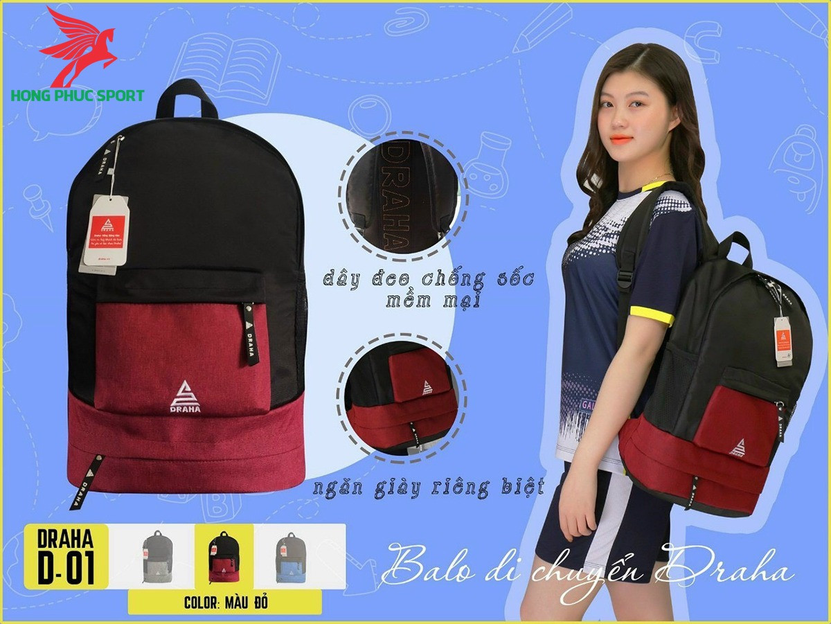 Balo thể thao Draha D-01 đỏ vải dù cao cấp chống thấm nước