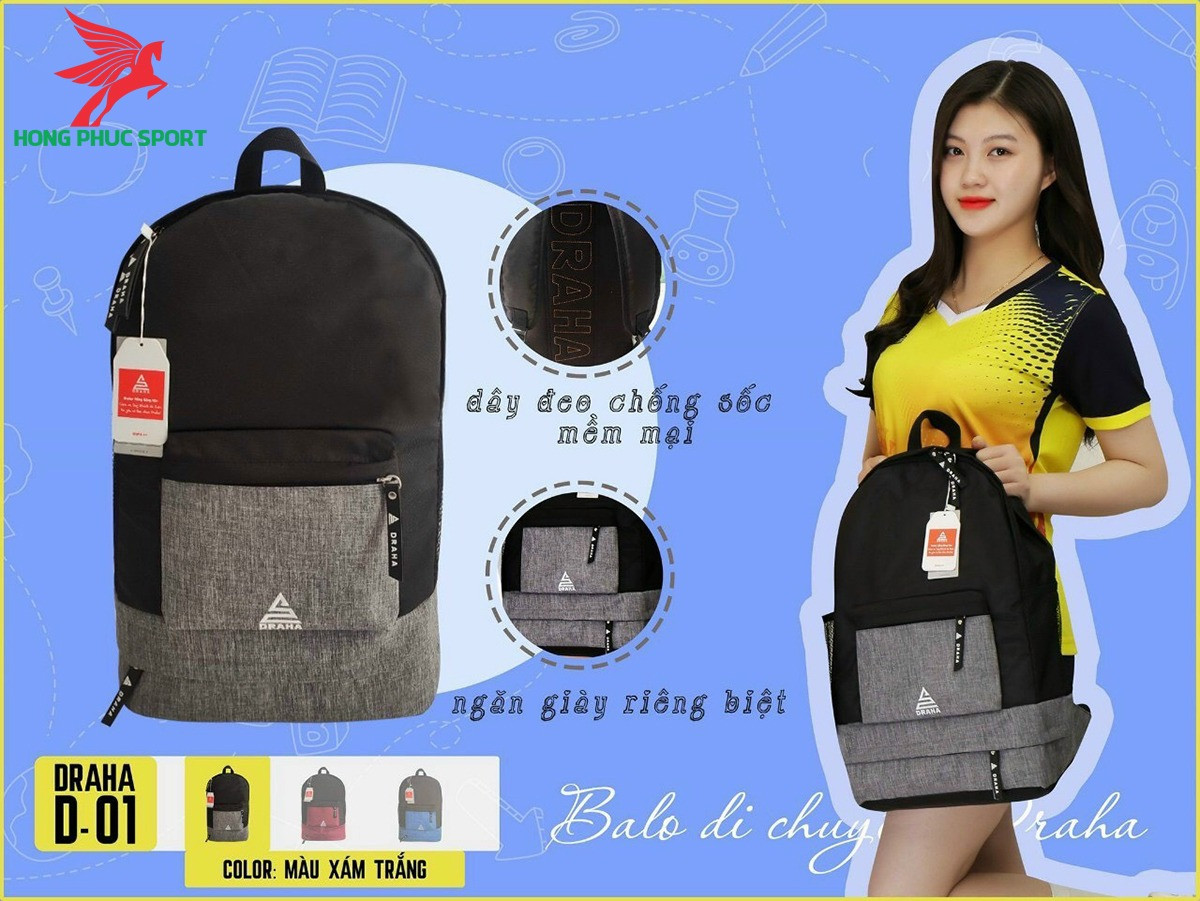 Balo thể thao Draha D-01 xám trắng vải dù cao cấp chống thấm nước