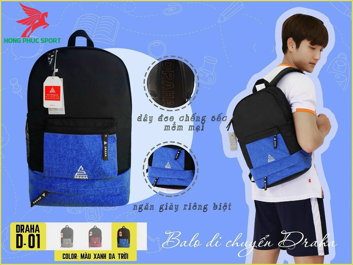 Balo thể thao Draha D-01 xanh vải dù cao cấp chống thấm nước