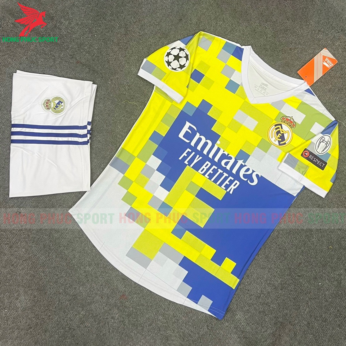 BỘ QUẦN ÁO BÓNG ĐÁ FAN REAL MADRID 2022 PIXEL – THUN LẠNH CAO CẤP