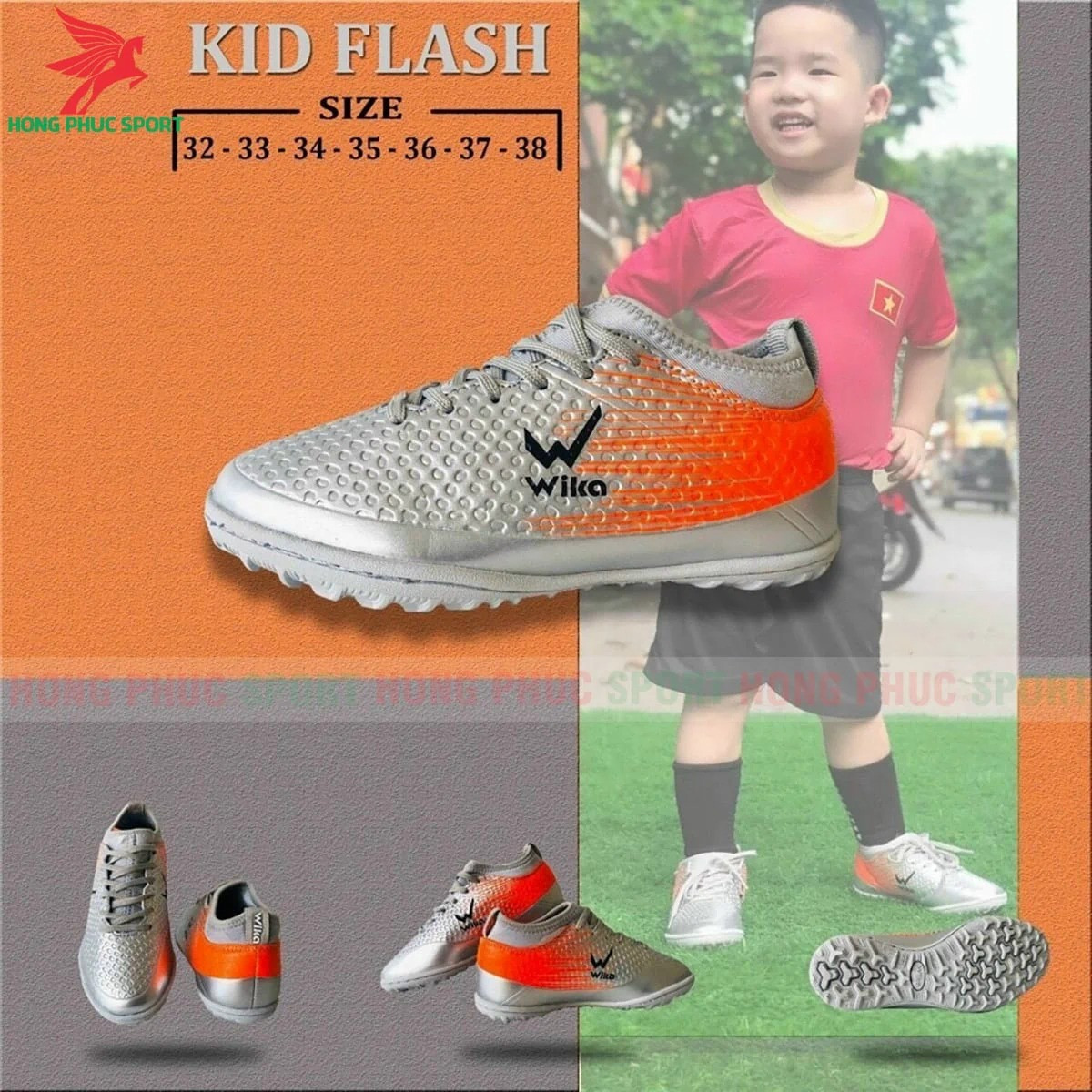 GIÀY ĐÁ BÓNG TRẺ EM WIKA KID FLASH SÂN CỎ NHÂN TẠO MÀU XÁM BẠC