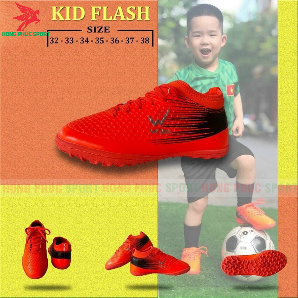 GIÀY ĐÁ BÓNG TRẺ EM WIKA KID FLASH SÂN CỎ NHÂN TẠO MÀU ĐỎ