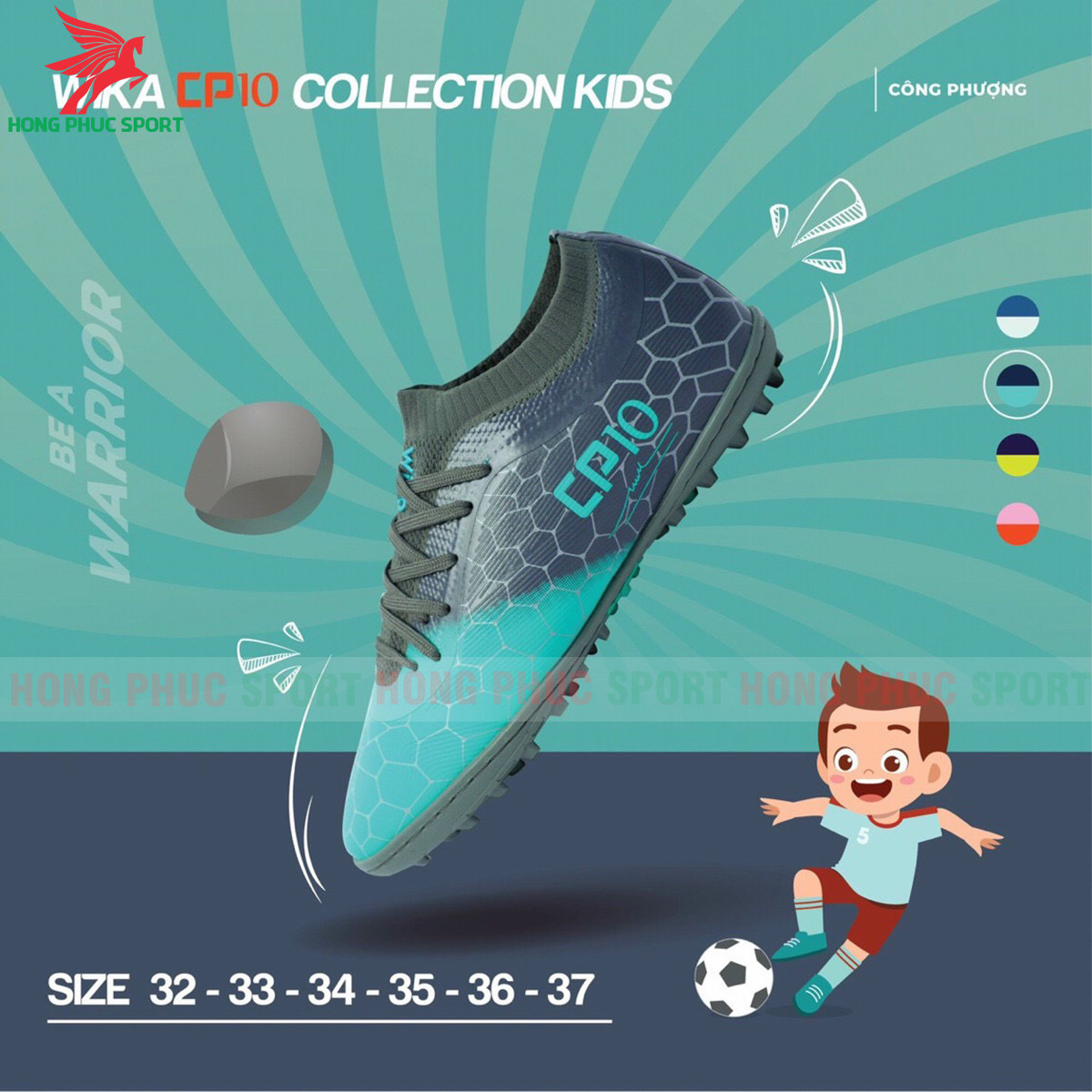 GIÀY ĐÁ BÓNG TRẺ EM WIKA CP10 WARRIOR SÂN CỎ NHÂN TẠO MÀU XANH LAM