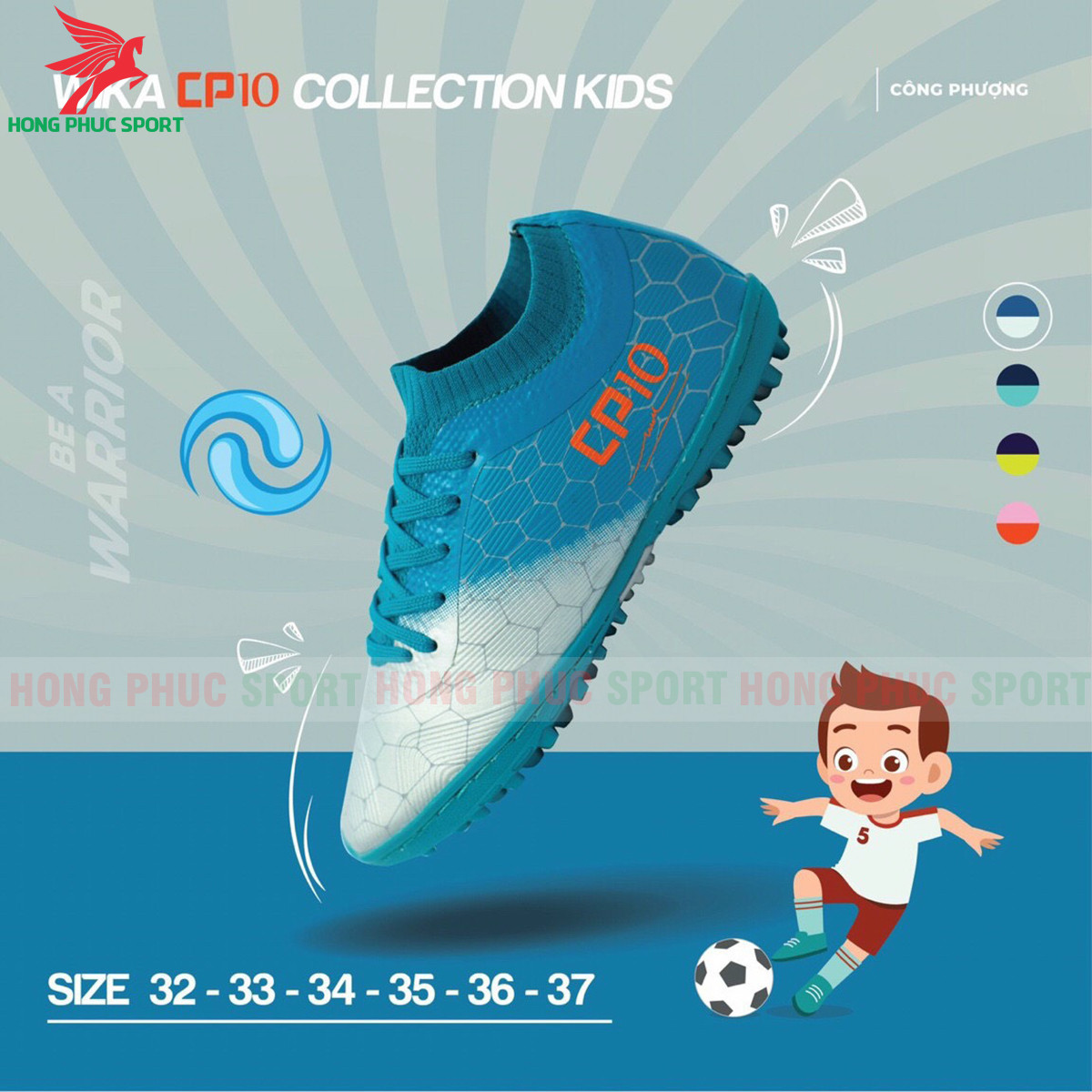GIÀY ĐÁ BÓNG TRẺ EM WIKA CP10 WARRIOR SÂN CỎ NHÂN TẠO MÀU XANH NGỌC