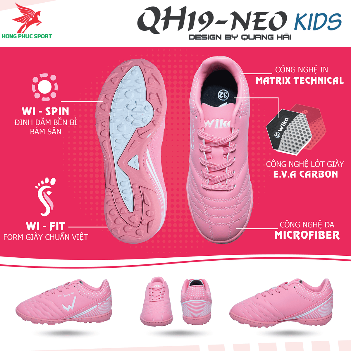 Giày đá banh Wika QH19 Neo Kids sân cỏ nhân tạo màu Hồng (1)