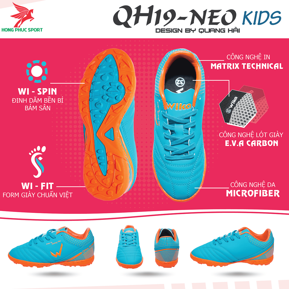 Giày đá banh Wika QH19 Neo Kids sân cỏ nhân tạo màu Xanh ngọc (1)