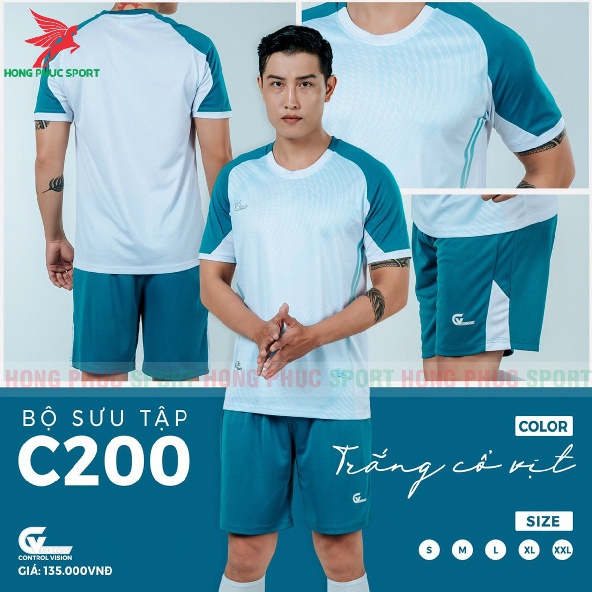 BỘ QUẦN ÁO BÓNG ĐÁ KHÔNG LOGO RIKI C200 TRẮNG CỔ VỊT - THUN LẠNH CAO CẤP