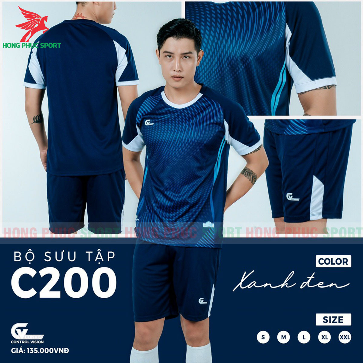 BỘ QUẦN ÁO BÓNG ĐÁ KHÔNG LOGO RIKI C200 XANH ĐEN - THUN LẠNH CAO CẤP