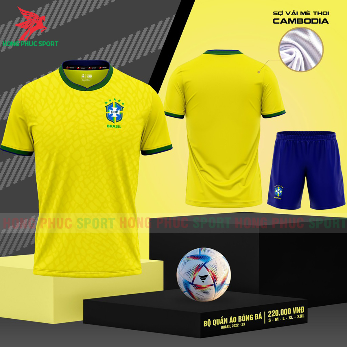 BỘ QUẦN ÁO BÓNG ĐÁ TUYỂN BRAZIL 2022 VÀNG – VẢI MÈ LỤC GIÁC