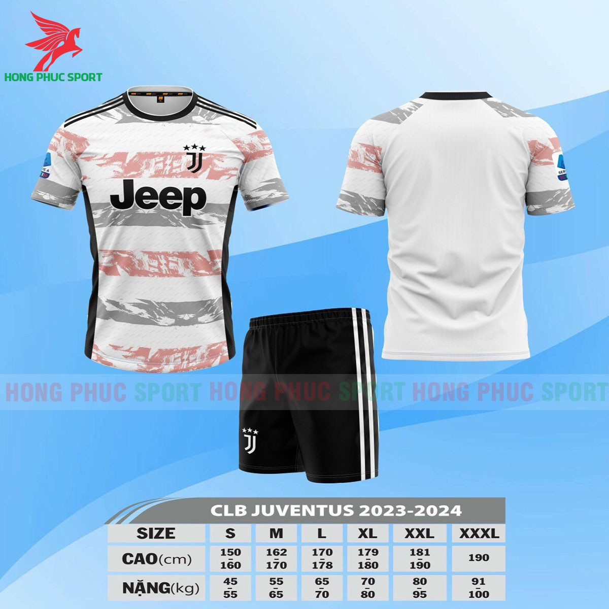 BỘ QUẦN ÁO BÓNG ĐÁ JUVENTUS 2023 TRẮNG KẺ XÁM HỒNG – THUN LẠNH CAO CẤP