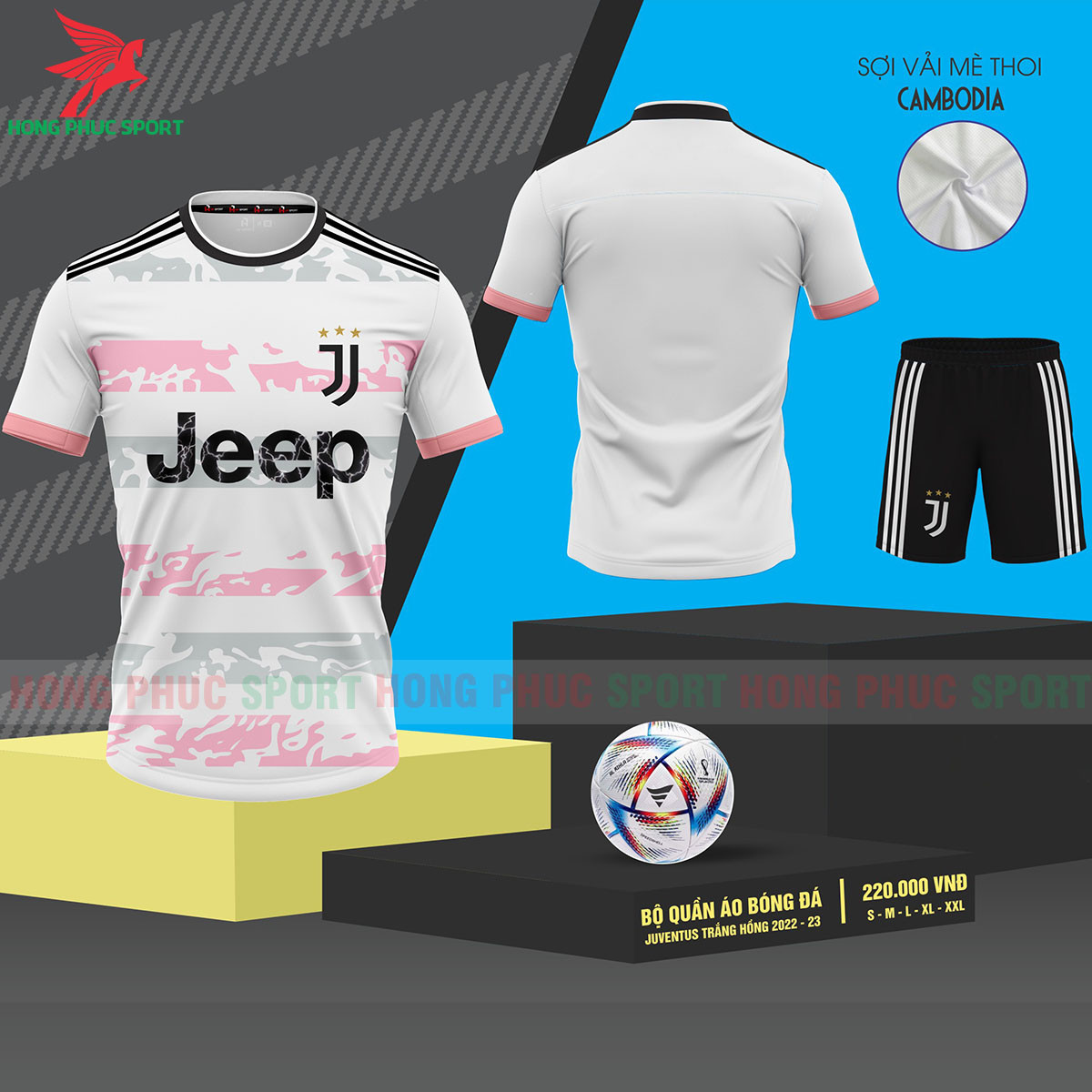 BỘ QUẦN ÁO BÓNG ĐÁ JUVENTUS 2022 2023 TRẮNG HỒNG – VẢI MÈ LỤC GIÁC