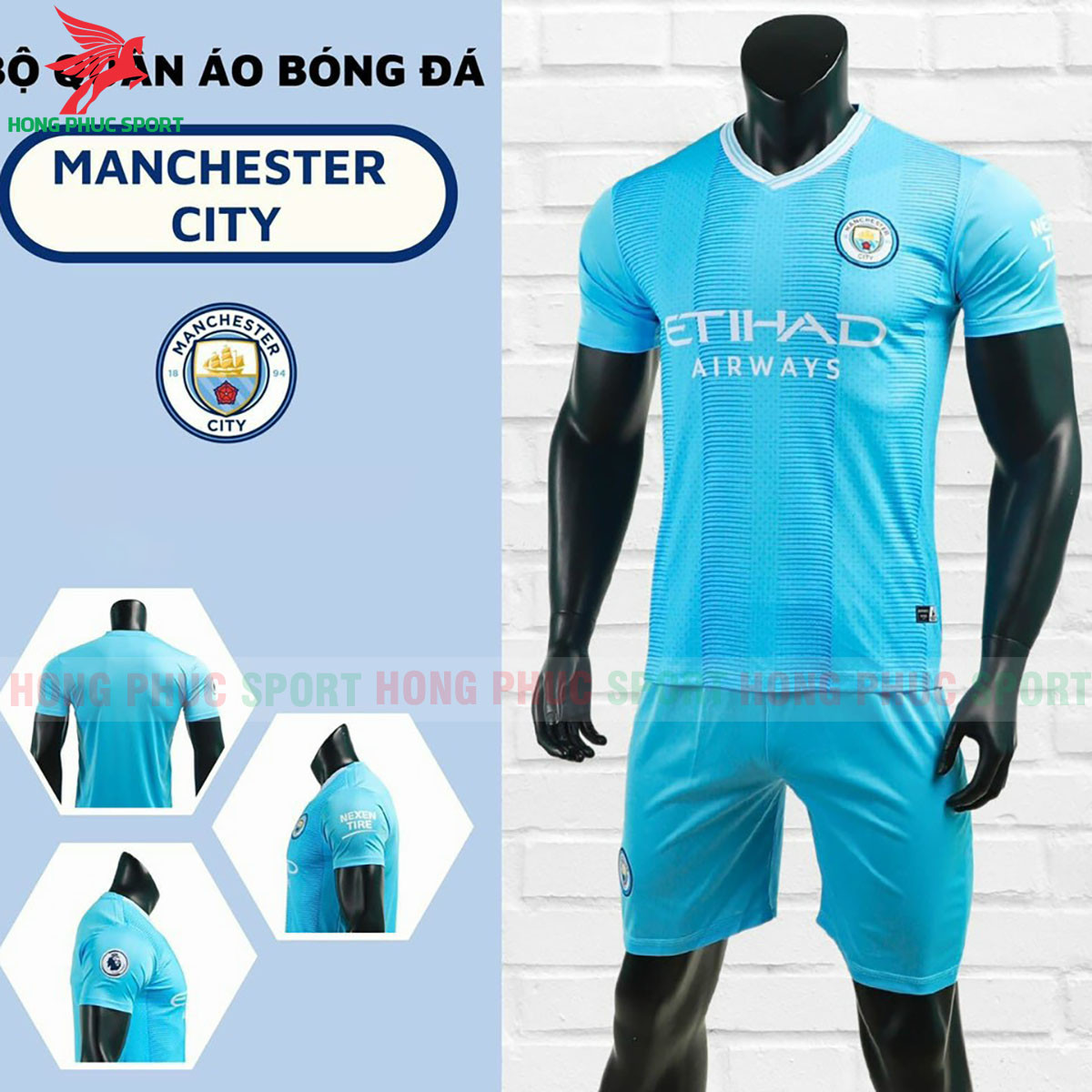 BỘ QUẦN ÁO BÓNG ĐÁ MANCHESTER CITY 2023 XANH CỔ SỌC – THUN LẠNH CAO CẤP
