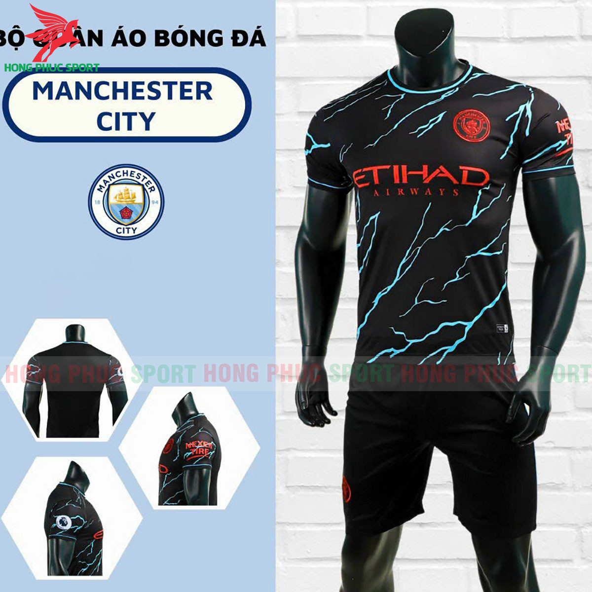 BỘ QUẦN ÁO BÓNG ĐÁ MANCHESTER CITY 2023 ĐEN SỌC XANH – THUN LẠNH CAO CẤP
