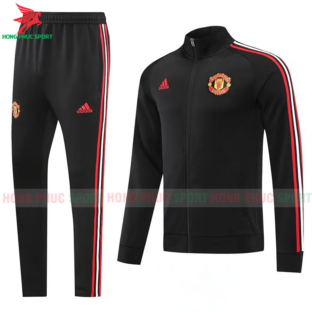 Bộ Quần Áo Khoác Manchester United 2023 Đen Sọc Trắng Đỏ - Vải Nỉ