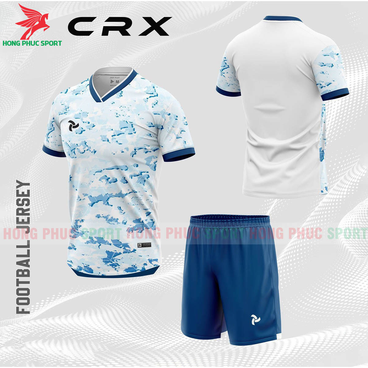 BỘ QUẦN ÁO BÓNG ĐÁ KHÔNG LOGO JUSTPLAY CRX MÀU TRẮNG XANH