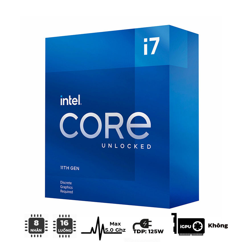 CPU Intel Core i7-11700KF (3.6GHz turbo up to 5Ghz, 8 nhân 16 luồng, 16MB Cache, 125W) - Socket Intel LGA 1200- MBC