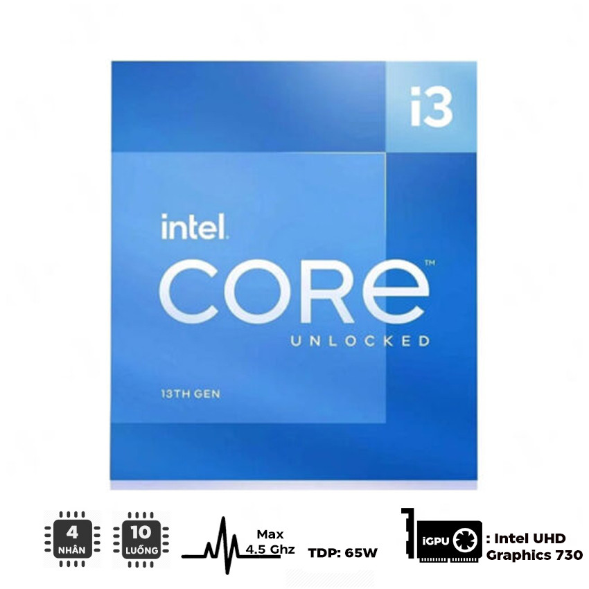 CPU Intel Core i3-13100 (up to 4.5Ghz, 4 nhân 8 luồng, 12MB Cache, 65W) - Socket Intel LGA 1700/Raptor Lake) -MBC