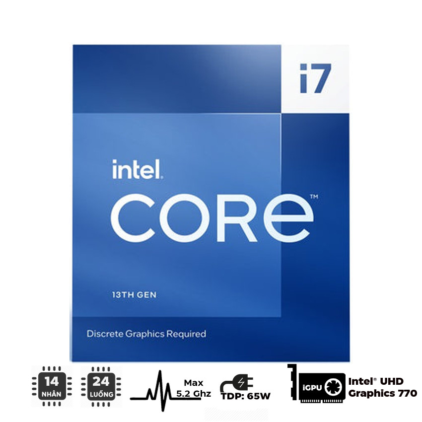 CPU Intel Core i7-13700F (up to 5.2Ghz, 16 nhân 24 luồng, 30MB Cache, 65W) - Socket Intel LGA 1700/Raptor Lake) -MBC